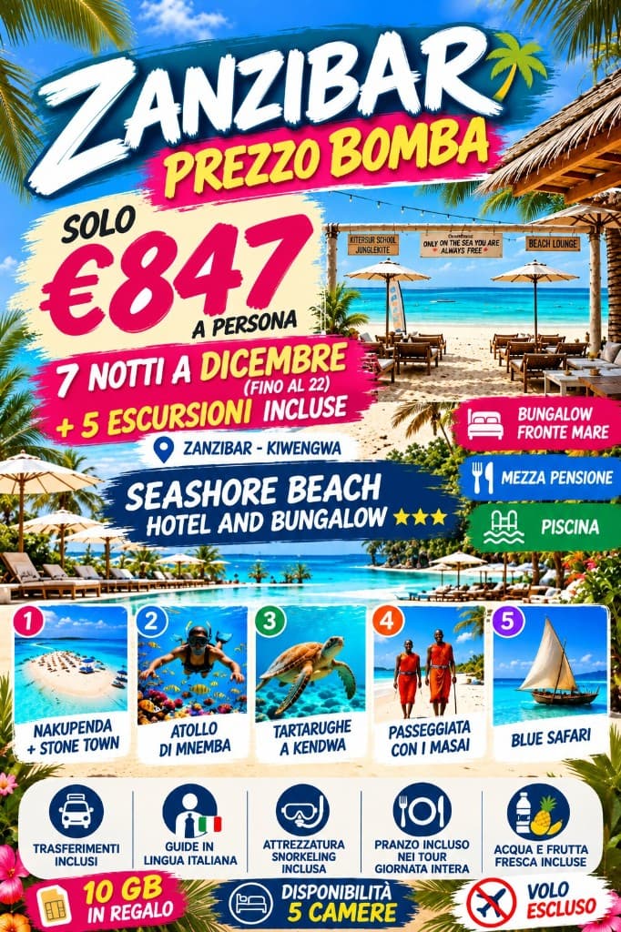 Pacchetto 7 notti dicembre Zanzibar al Seashore Beach di Kiwengwa